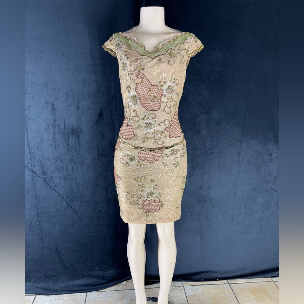 Elegant Beige and Green Embroidered Skirt by Mandalay